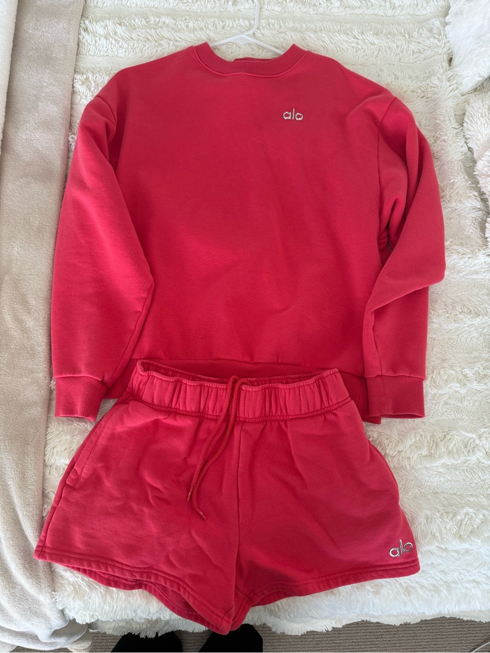 ALO Yoga Coral/Pink Red crewneck (Small) and Bottom Short (XXS) Set
